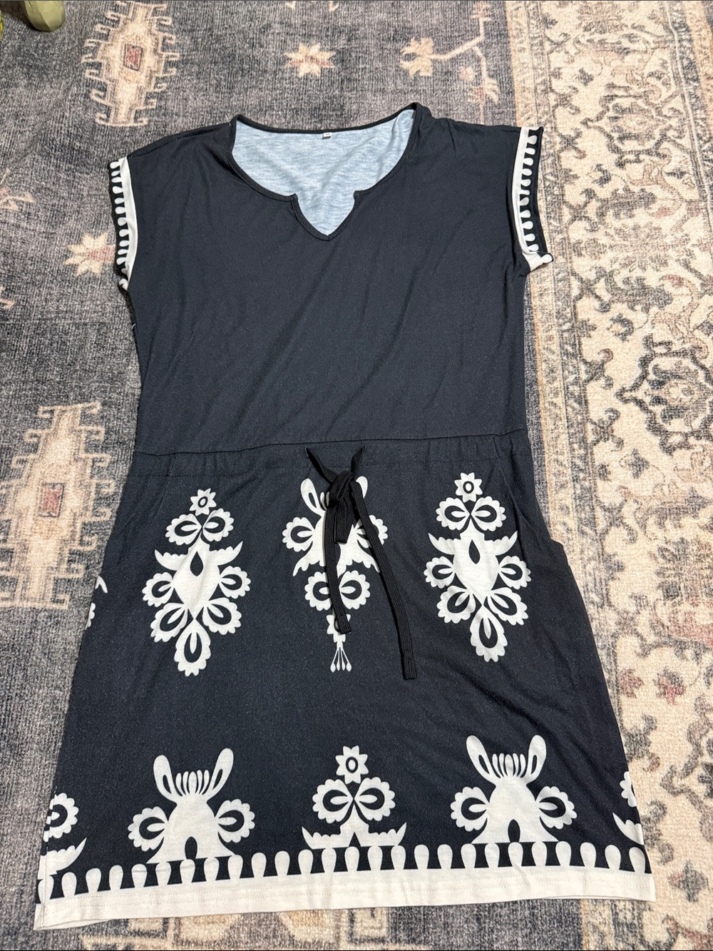 Black & White Embroidered Waist-Tie Dress